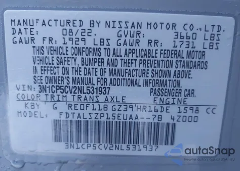 2022 Nissan Kicks Sv Xtronic Cvt z USA, uszkodzony, nr VIN 3N1CP5CV2NL531937